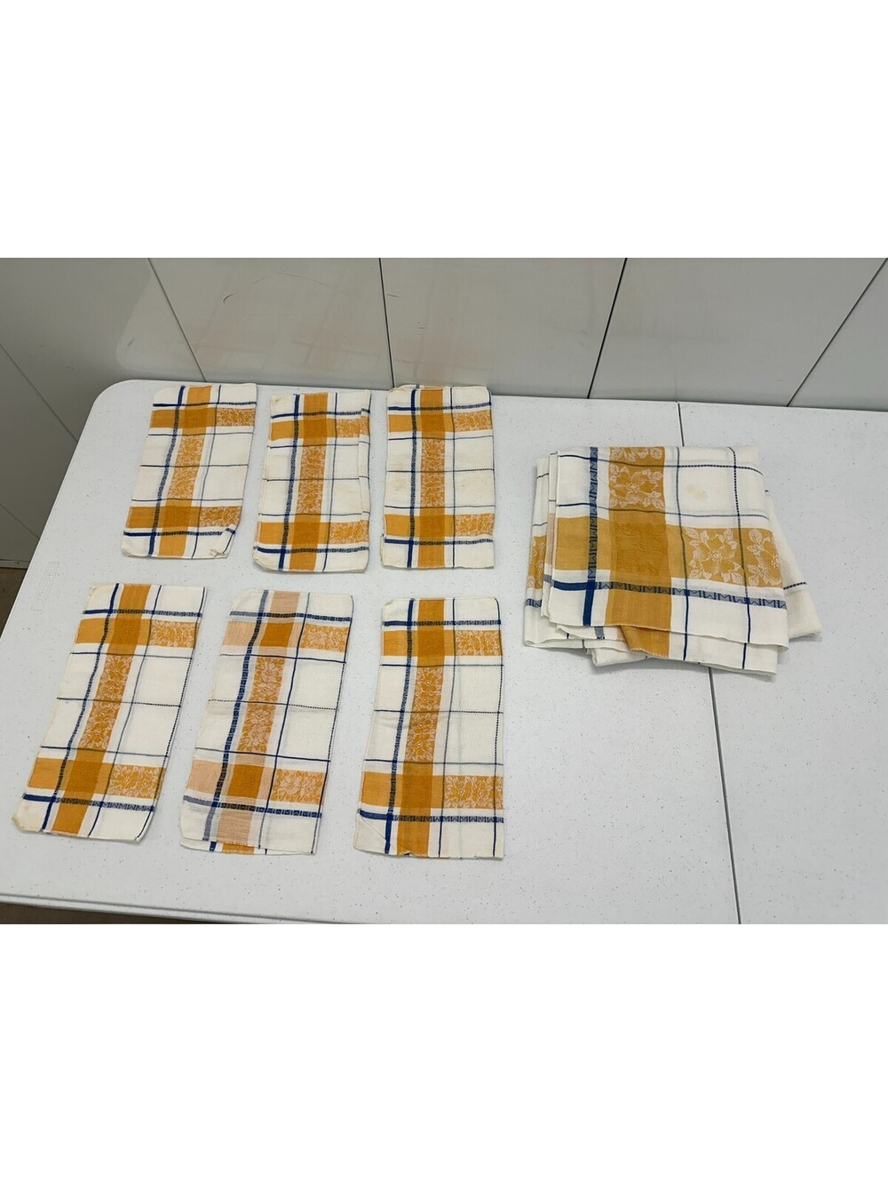 Vintage Mid Century Napkins Tablecloth Damask? Floral Plaid Orange Blue Topper